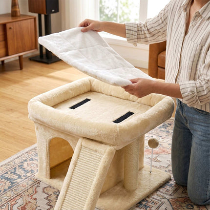 TASSORA - Kissan kiipeilykiipeilypuu luolalla ja sängyllä, beige – sisal ja pehmo