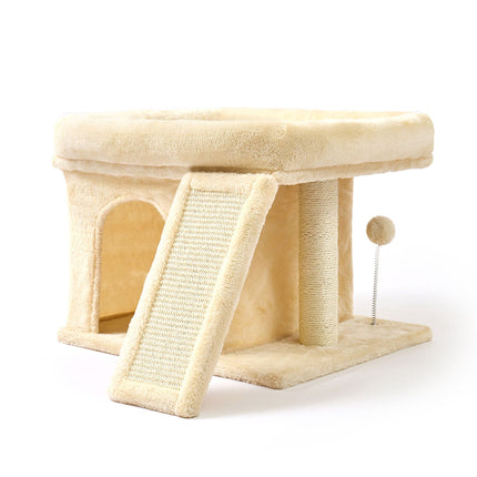 TASSORA - Kissan kiipeilykiipeilypuu luolalla ja sängyllä, beige – sisal ja pehmo