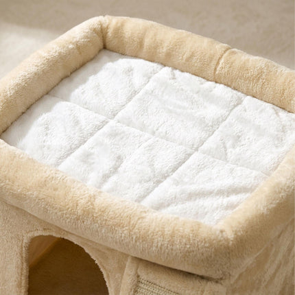 TASSORA - Kissan kiipeilykiipeilypuu luolalla ja sängyllä, beige – sisal ja pehmo