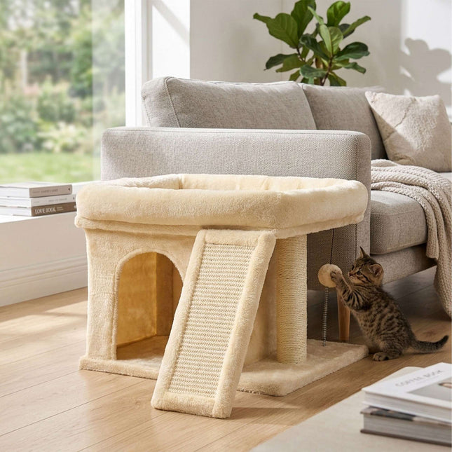TASSORA - Cat Tree with Cave & Bed, Beige - Sisal & Plush