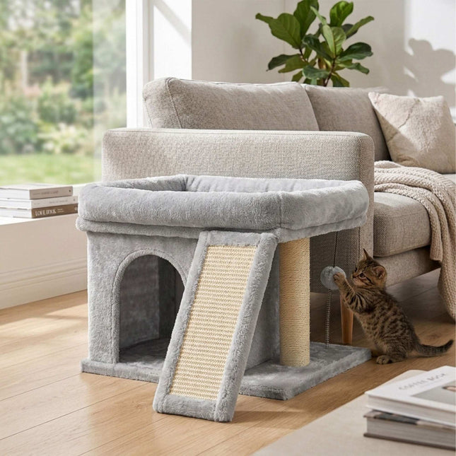TASSORA - Cat Tree with Cave & Bed, Light Grey, 38.5 x 54 x 45 cm