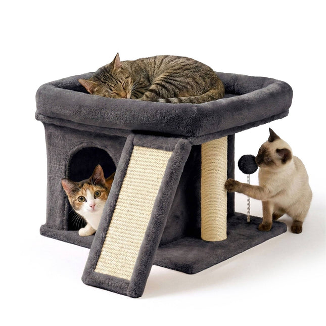 TASSORA - Cat Tree with Cave & Bed, Dark Gray, Sisal Scratching Post