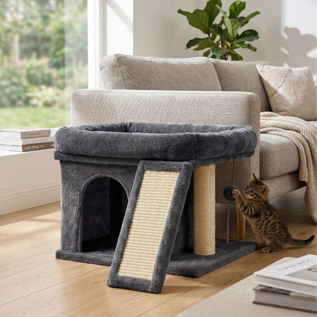 TASSORA - Cat Tree with Cave & Bed, Dark Gray, Sisal Scratching Post